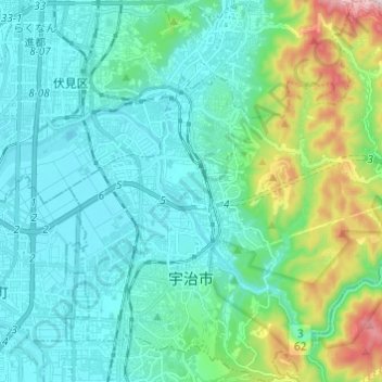 宇治市地形图、海拔、地势