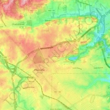 Pikesville地形图、海拔、地势