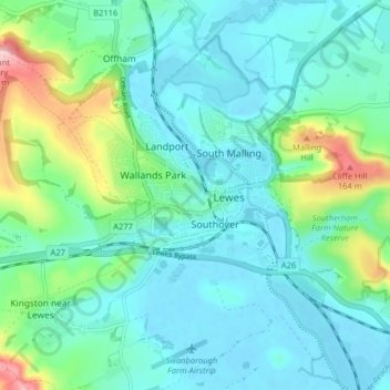 Lewes地形图、海拔、地势