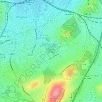 Peckham Rye Park地形图、海拔、地势