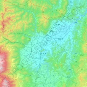 福島市地形图、海拔、地势