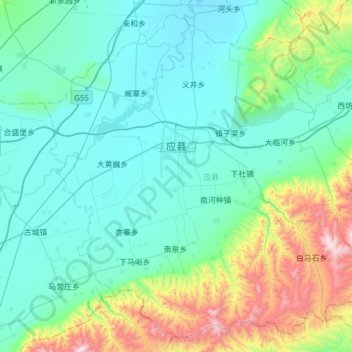 应县地形图、海拔、地势