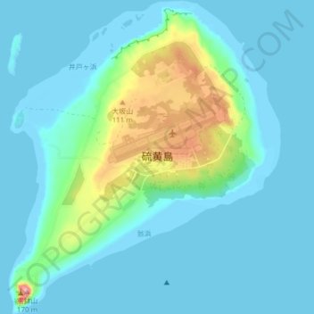 硫磺岛地形图、海拔、地势