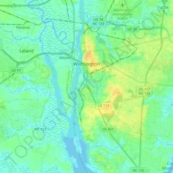 Wilmington Nc Elevation Map Wilmington地形图，海拔，地势