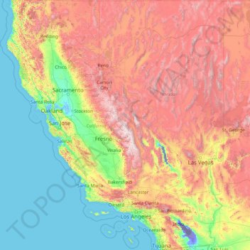 加利福尼亚州/加利福尼亞州地形图，海拔，地势